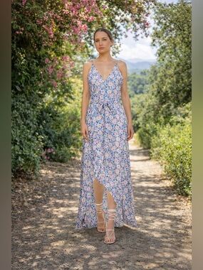 NWT Poupette St. Barth Long Tamara Dress in Blue Fruit Flower M